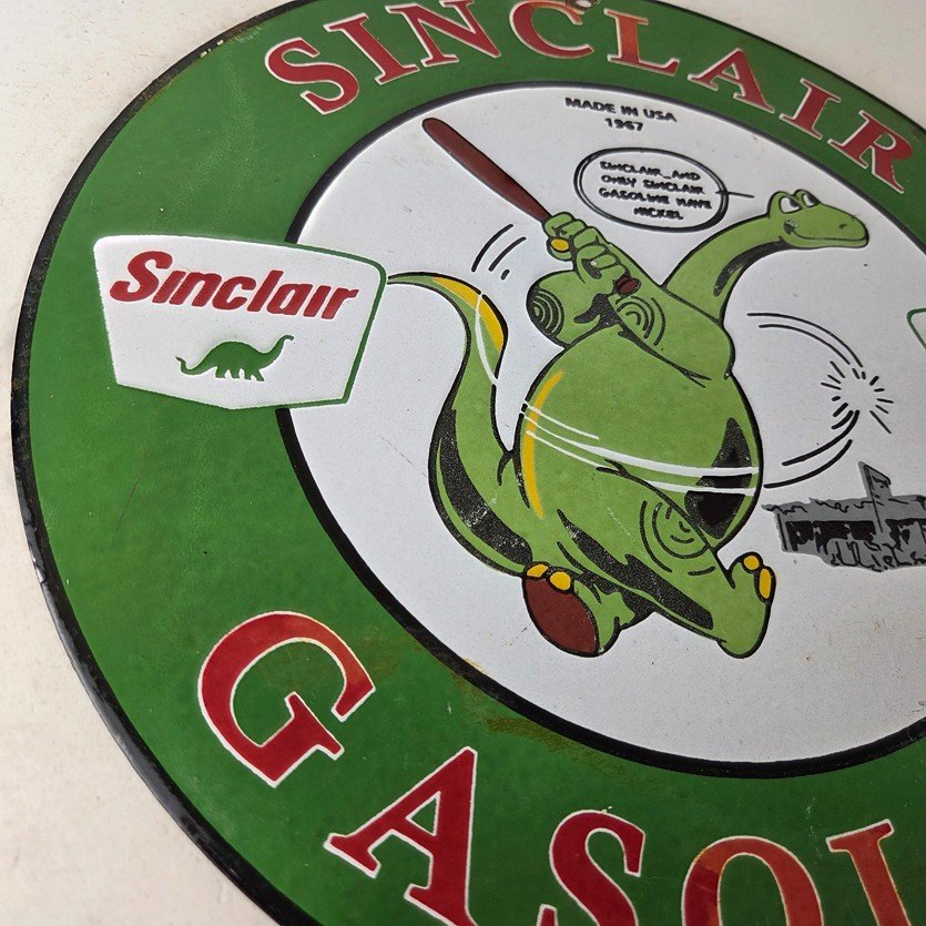 Vintage Sinclair Gasoline Sign - Baseball Dinosaur Porcelain Gas Pump Sign - Image 6