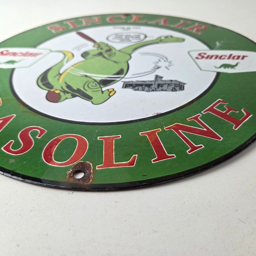 Vintage Sinclair Gasoline Sign - Baseball Dinosaur Porcelain Gas Pump Sign - Image 10