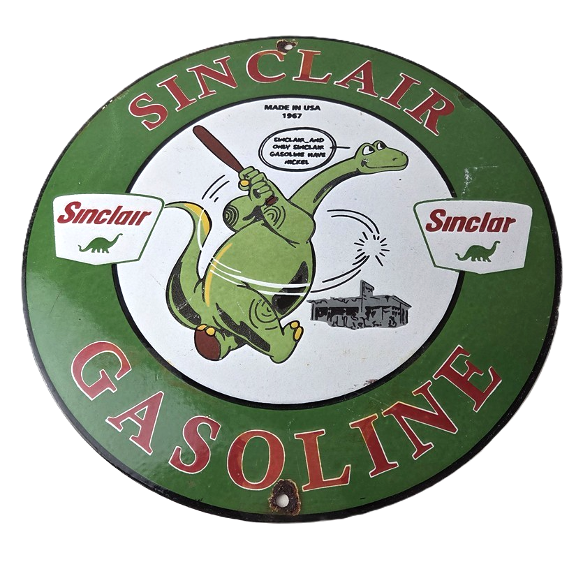 Vintage Sinclair Gasoline Sign - Baseball Dinosaur Porcelain Gas Pump Sign