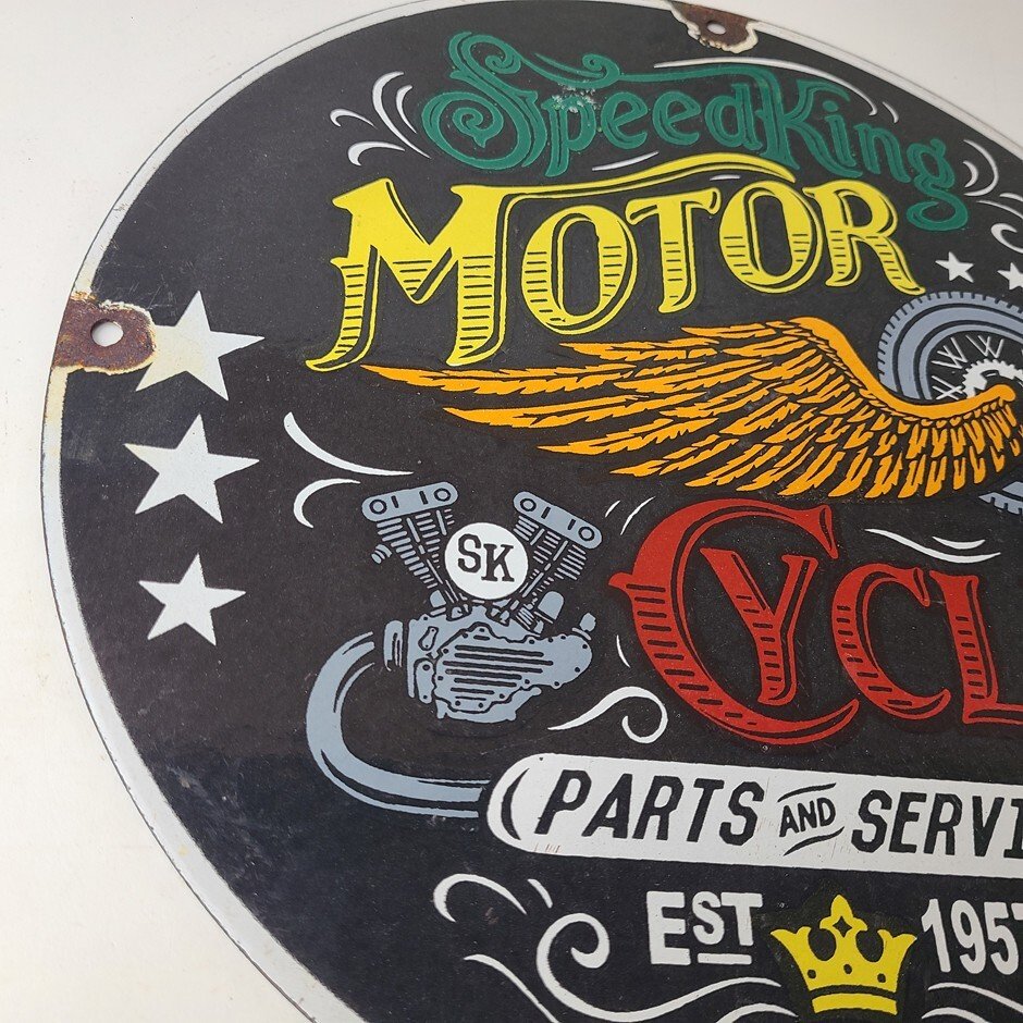 Vintage Speed King Motorcycles Sign - Harley, Indian, Porcelain Gas Pump Sign - Image 6