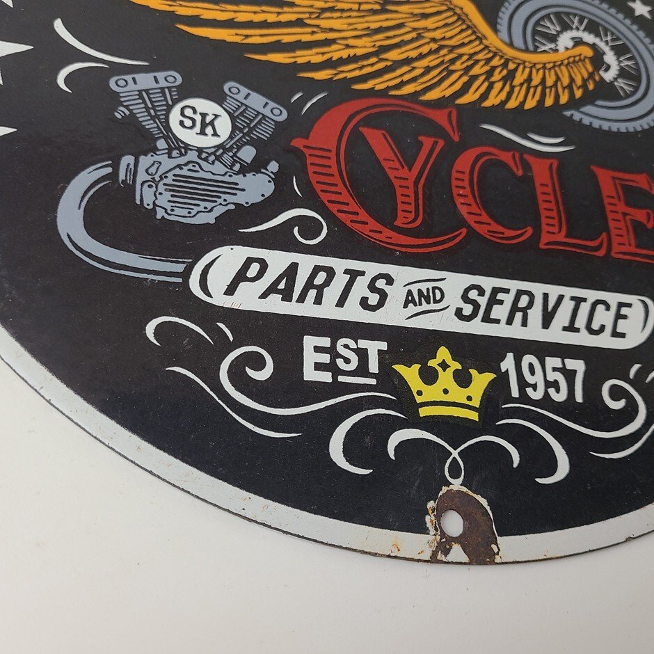 Vintage Speed King Motorcycles Sign - Harley, Indian, Porcelain Gas Pump Sign - Image 7