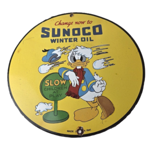 Vintage Sunoco Gasoline Porcelain Sign - Comic Book Donald Duck Gas Pump Sign