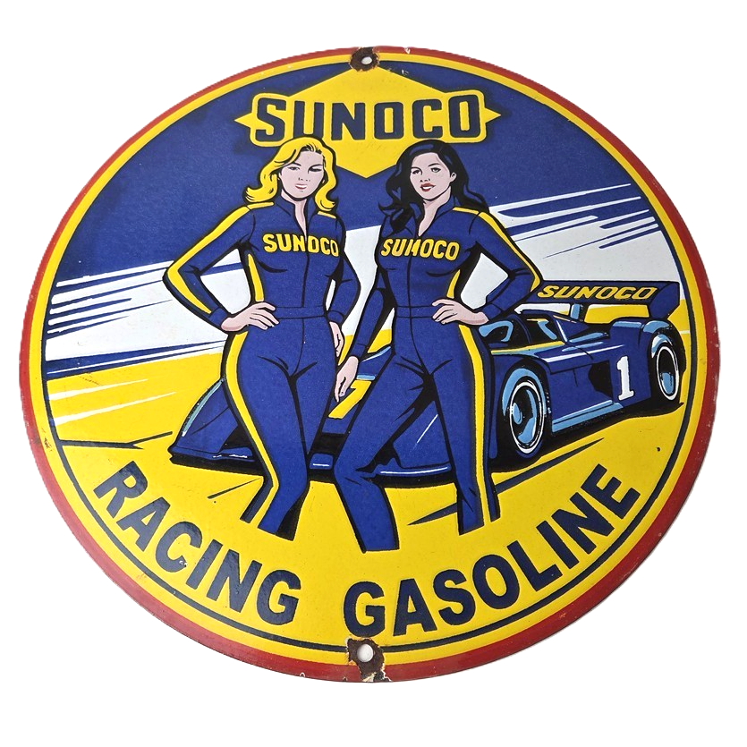 Vintage Sunoco Racing Sign - Gas Service Station Porcelain Pump Sign
