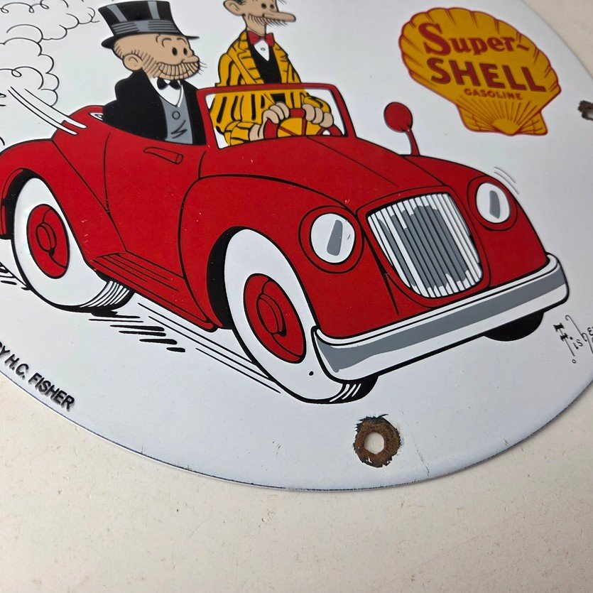 Vintage Super Shell Gasoline Sign - Service Gas Mutt Jeff Porcelain Sign - Image 11