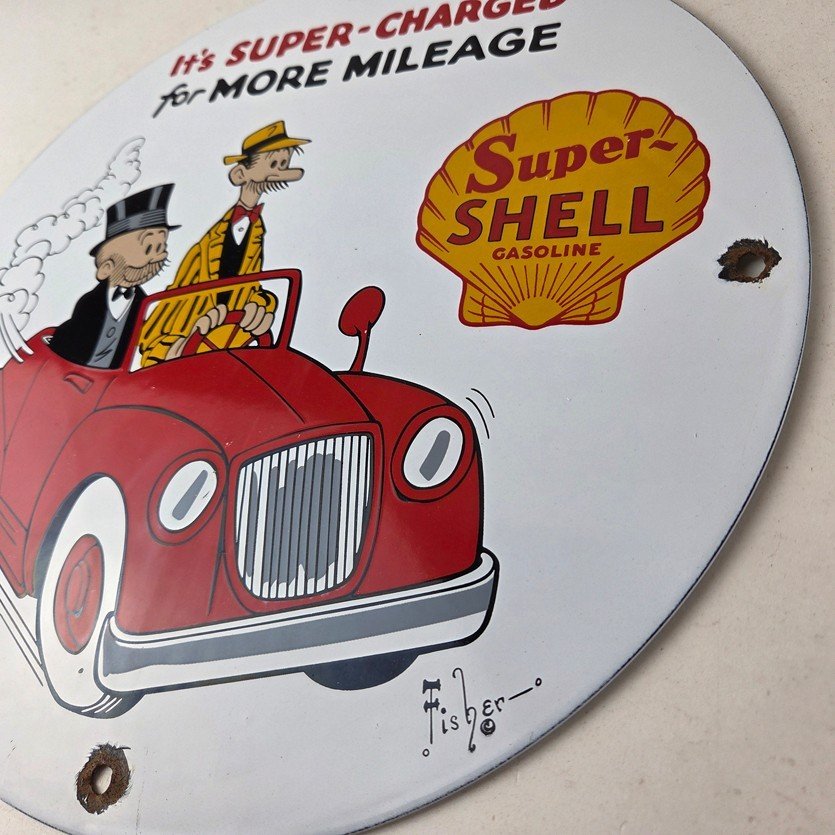 Vintage Super Shell Gasoline Sign - Service Gas Mutt Jeff Porcelain Sign - Image 13