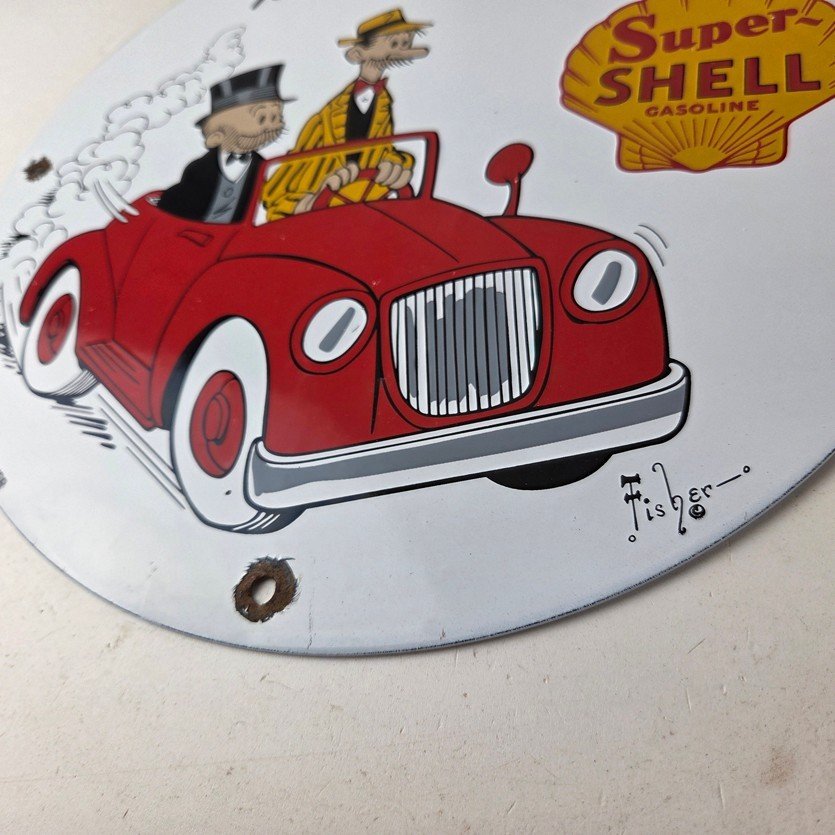 Vintage Super Shell Gasoline Sign - Service Gas Mutt Jeff Porcelain Sign - Image 14