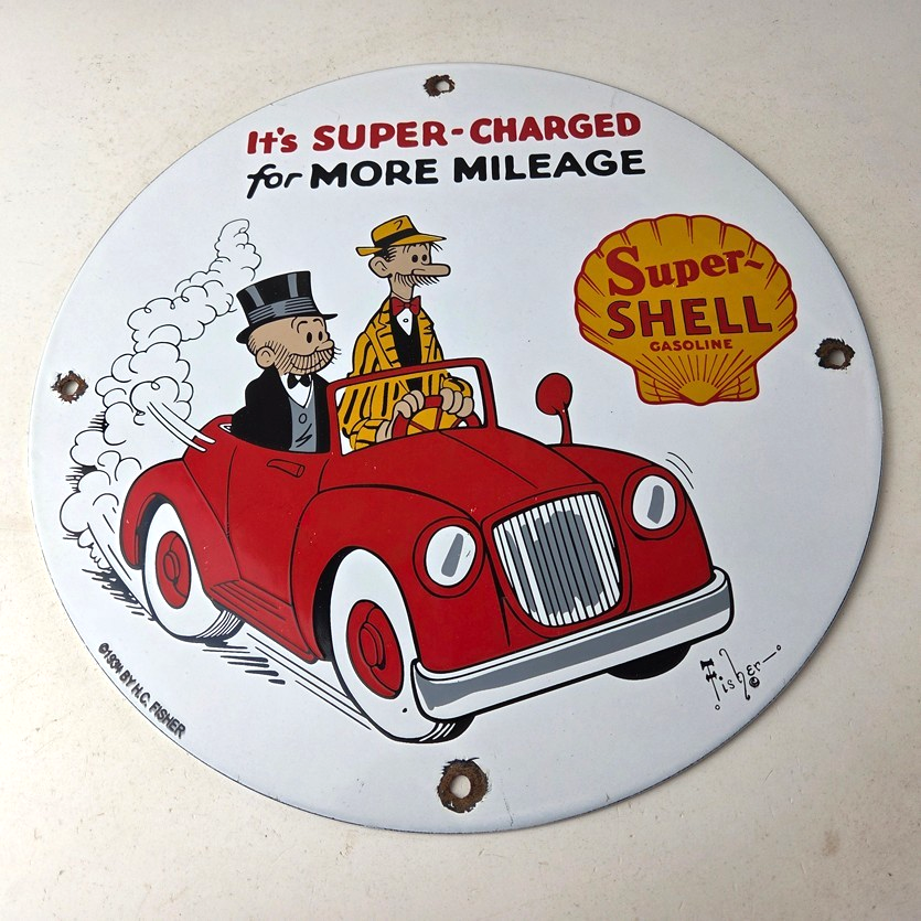 Vintage Super Shell Gasoline Sign - Service Gas Mutt Jeff Porcelain Sign - Image 15