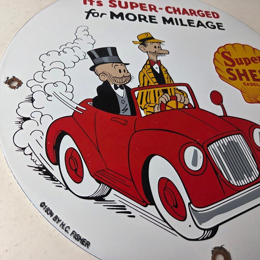 Vintage Super Shell Gasoline Sign - Service Gas Mutt Jeff Porcelain Sign - Image 6