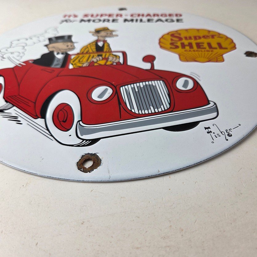 Vintage Super Shell Gasoline Sign - Service Gas Mutt Jeff Porcelain Sign - Image 10