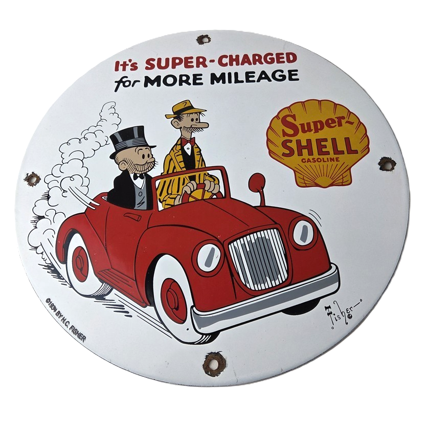 Vintage Super Shell Gasoline Sign - Service Gas Mutt Jeff Porcelain Sign