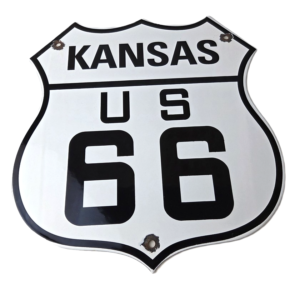 Vintage US Route 66 Sign - Kansas State Porcelain Highway Road Gas Oil Pump Sign