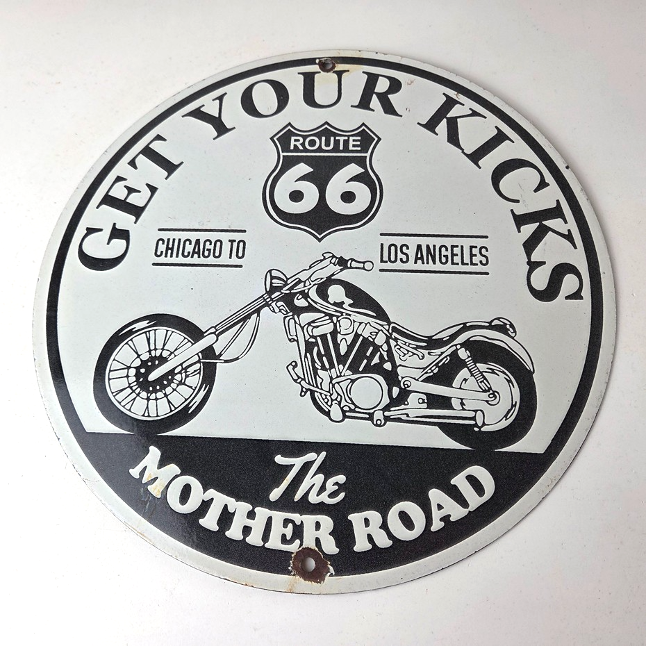 Vintage US Route 66 Sign - Porcelain Motorcycle Kicks on 66 Gas Pump Sign - Image 8
