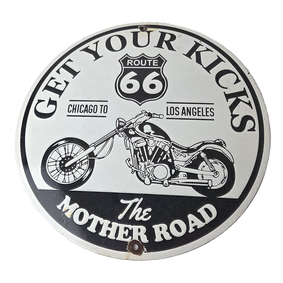 Vintage US Route 66 Sign - Porcelain Motorcycle Kicks on 66 Gas Pump Sign