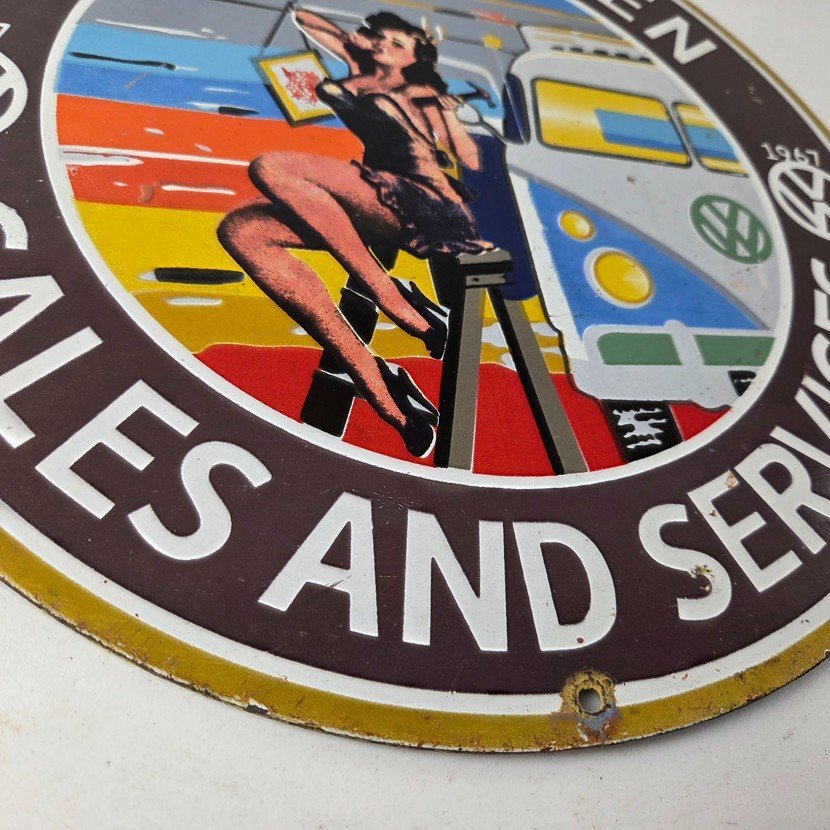 Vintage Volkswagen Sign - Sales Dealership VW Automobile Gas Pump Porcelain Sign - Image 11