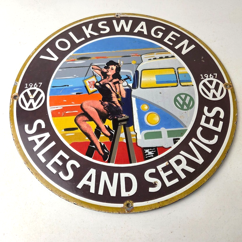 Vintage Volkswagen Sign - Sales Dealership VW Automobile Gas Pump Porcelain Sign - Image 15