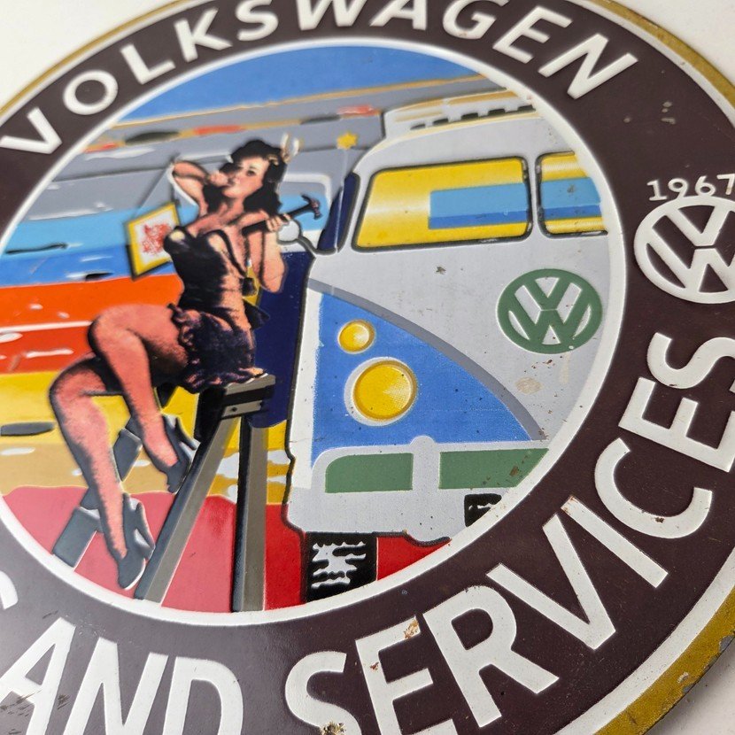 Vintage Volkswagen Sign - Sales Dealership VW Automobile Gas Pump Porcelain Sign - Image 4