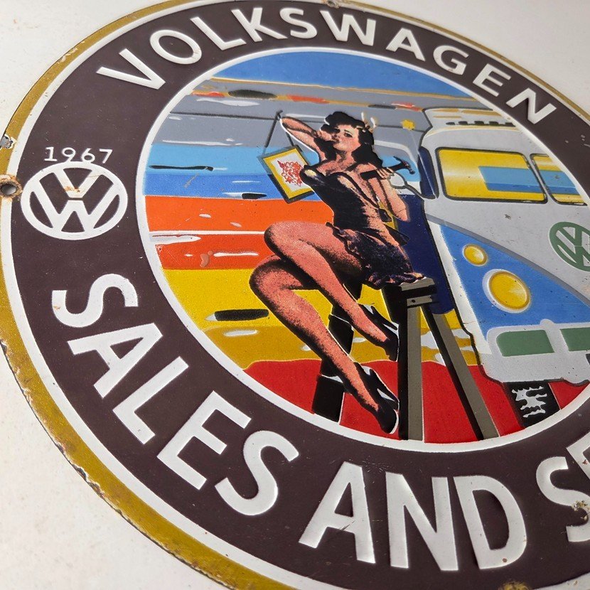 Vintage Volkswagen Sign - Sales Dealership VW Automobile Gas Pump Porcelain Sign - Image 6