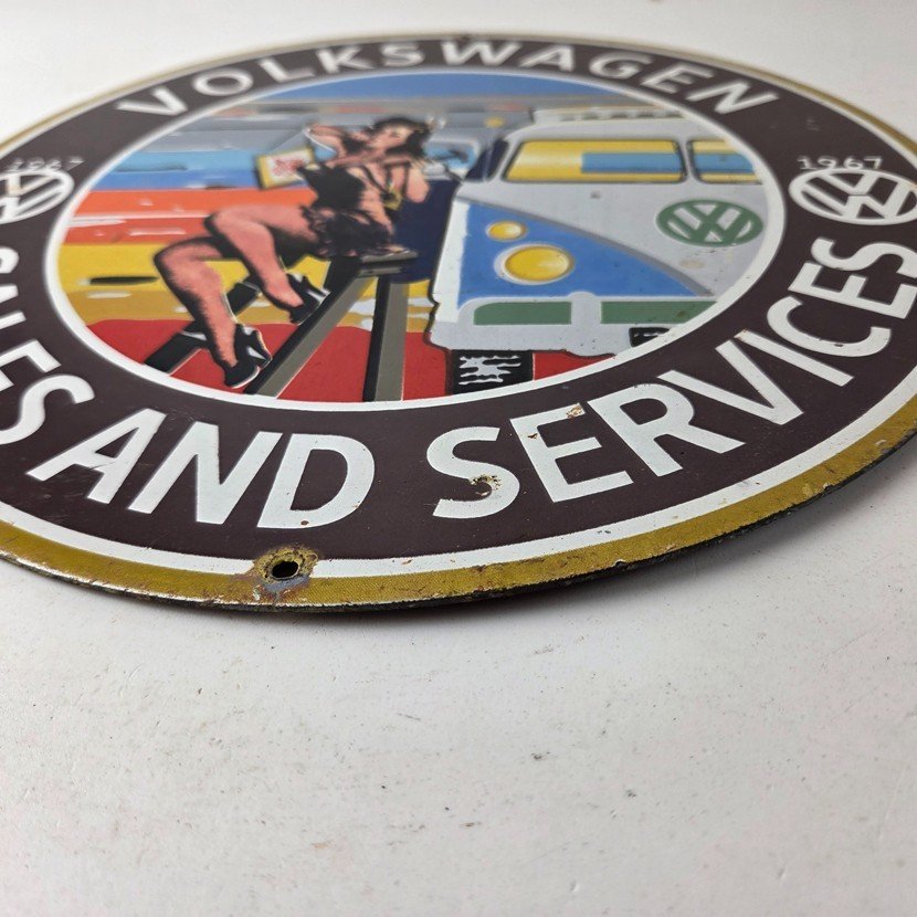 Vintage Volkswagen Sign - Sales Dealership VW Automobile Gas Pump Porcelain Sign - Image 10