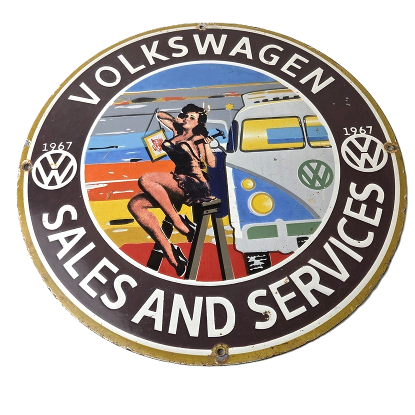 Vintage Volkswagen Sign - Sales Dealership VW Automobile Gas Pump Porcelain Sign