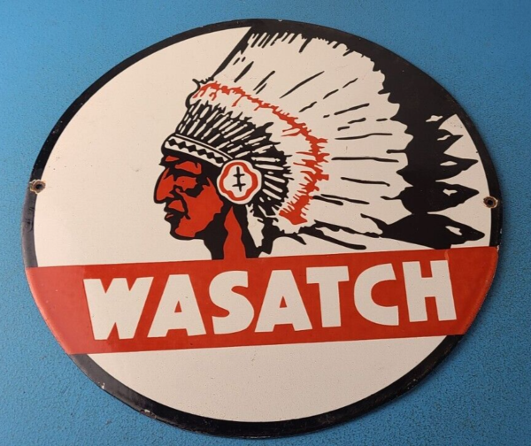 Vintage Wasatch Porcelain Sign American Indian Gas Pump Plate Service Sign