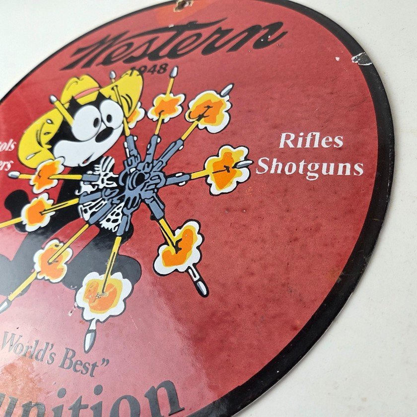 Vintage Western Ammo Firearms Sign - Felix Gun Shop Porcelain Gas Pump Sign - Image 13