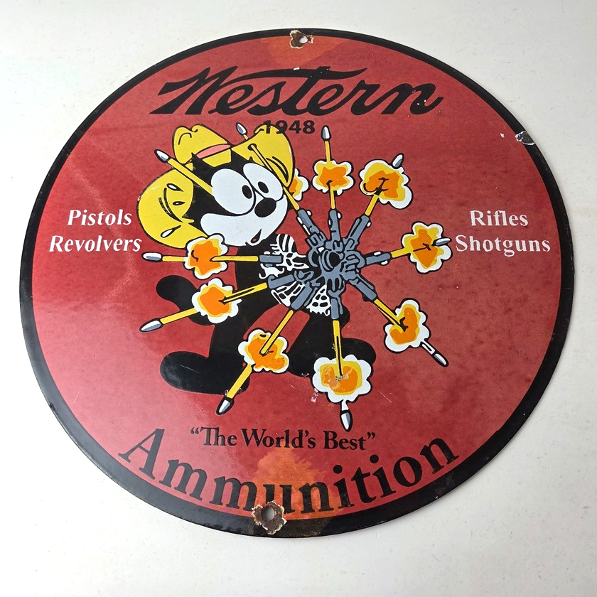 Vintage Western Ammo Firearms Sign - Felix Gun Shop Porcelain Gas Pump Sign - Image 15
