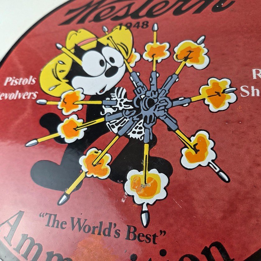 Vintage Western Ammo Firearms Sign - Felix Gun Shop Porcelain Gas Pump Sign - Image 4