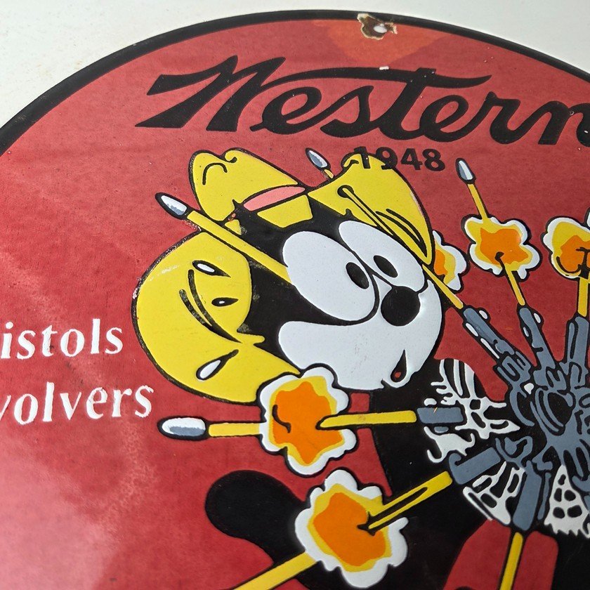 Vintage Western Ammo Firearms Sign - Felix Gun Shop Porcelain Gas Pump Sign - Image 5