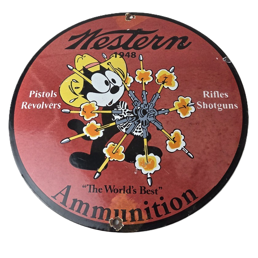 Vintage Western Ammo Firearms Sign - Felix Gun Shop Porcelain Gas Pump Sign