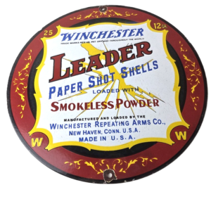 Vintage Winchester Sign - Leader Ammo Porcelain Firearms Shot Gun Gas Pump Sign