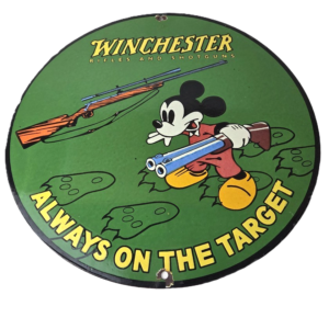 Vintage Winchester Sign - On Target Mickey Mouse Shot Gun Ammo Gas Pump Ad Sign