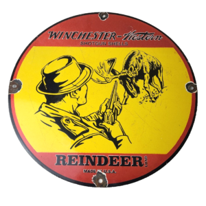 Vintage Winchester Sign - Reindeer Rifles & Shotguns Gas Pump Porcelain Sign