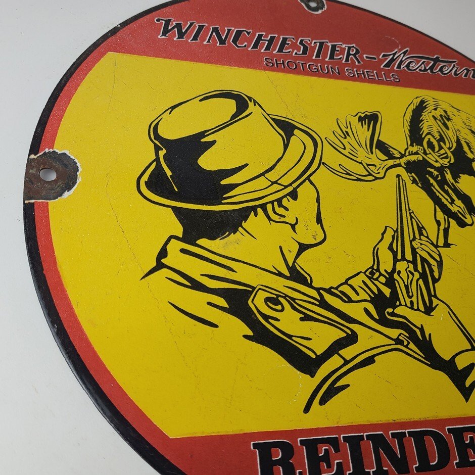 Vintage Winchester Sign - Reindeer Rifles & Shotguns Gas Pump Porcelain Sign - Image 6