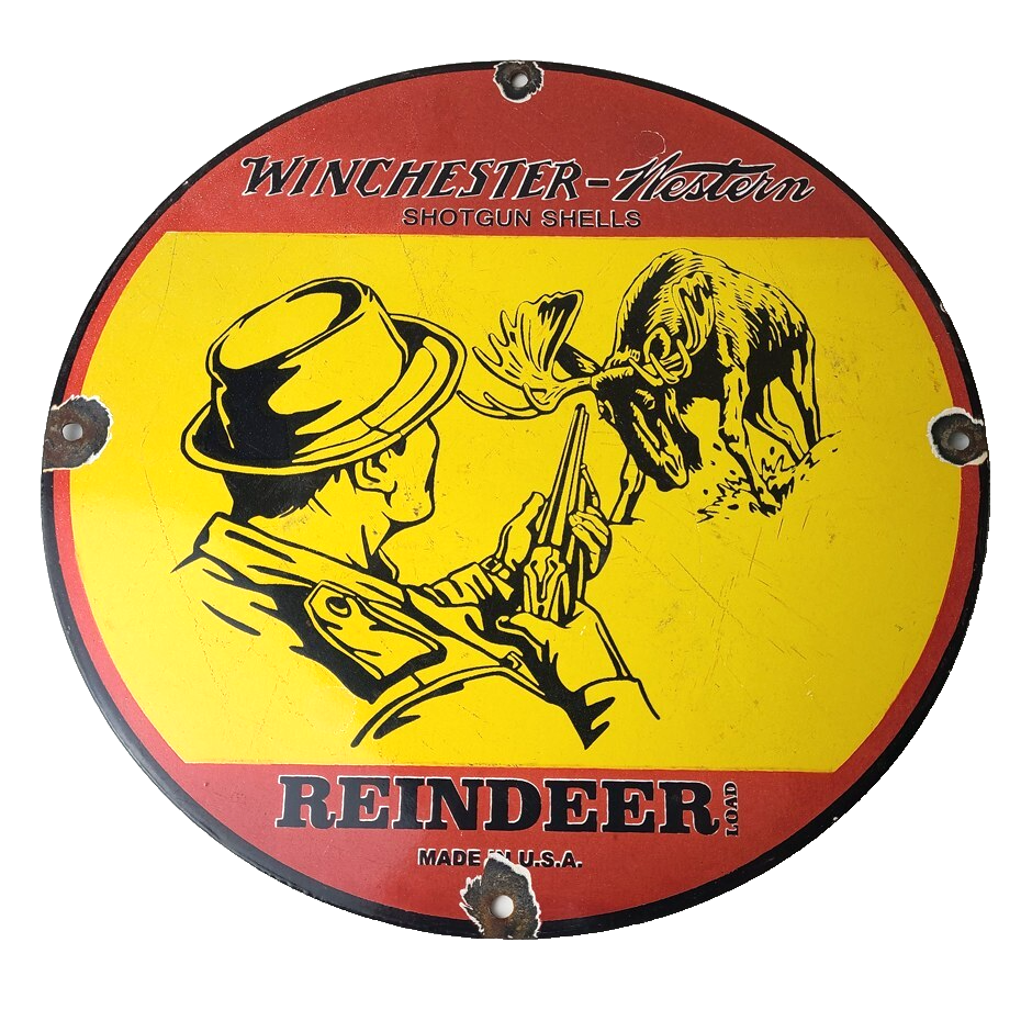 Vintage Winchester Sign - Reindeer Rifles & Shotguns Gas Pump Porcelain Sign