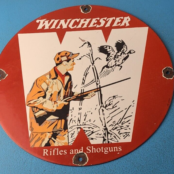 Vintage Winchester Sign Rifles Shotguns Firearms Gas Pump Porcelain Sign