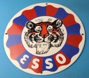 VINTAGE ESSO GASOLINE PORCELAIN GAS OIL TIGER TANK SERVICE STATION PUMP SIGN 305855334162