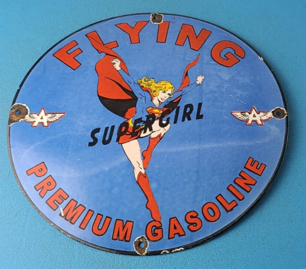 VINTAGE FLYING A GASOLINE PORCELAIN PREMIUM GAS SERVICE SUPERGIRL AVIATION SIGN 305561090632