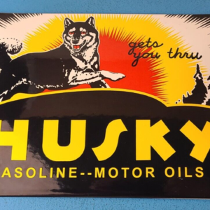 VINTAGE HUSKY GASOLINE PORCELAIN GAS SERVICE STATION PUMP PLATE CONVEX SIGN