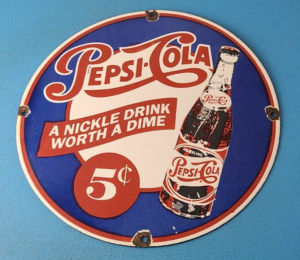 VINTAGE PEPSI PORCELAIN GLASS BOTTLES 5 CENTS BEVERAGE COCA COLA GAS PUMP SIGN 305892180392