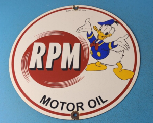 VINTAGE RPM MOTOR OIL PORCELAIN DONALD DUCK SERVICE STATION GAS PUMP PLATE SIGN 305846945092