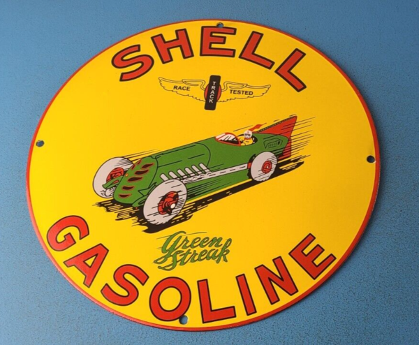 VINTAGE SHELL GASOLINE PORCELAIN GREEN STREAK SERVICE STATION PUMP PLATE SIGN 305789118272