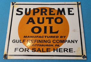 VINTAGE SUPREME AUTO OIL GULF GASOLINE PORCELAIN GAS MOTOR SERVICE PUMP SIGN 305860730632