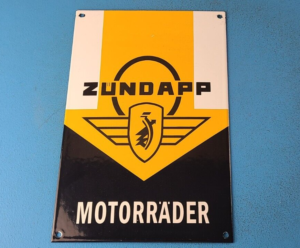 VINTAGE ZUNDAPP MOTORRADER PORCELAIN MOTORCYCLES SERVICE GAS PUMP PLATE SIGN 305227293012
