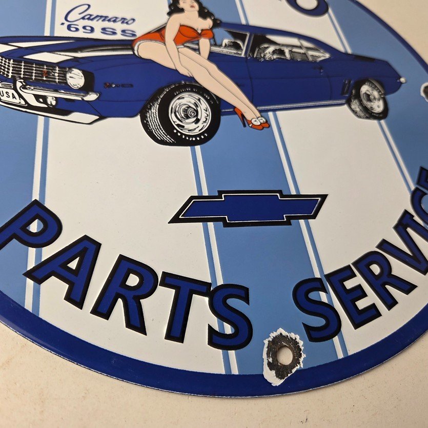 Vintage Chevrolet Sign - Porcelain Camaro 69 SS Gas Pump Auto Pinup Girl Sign - Image 11