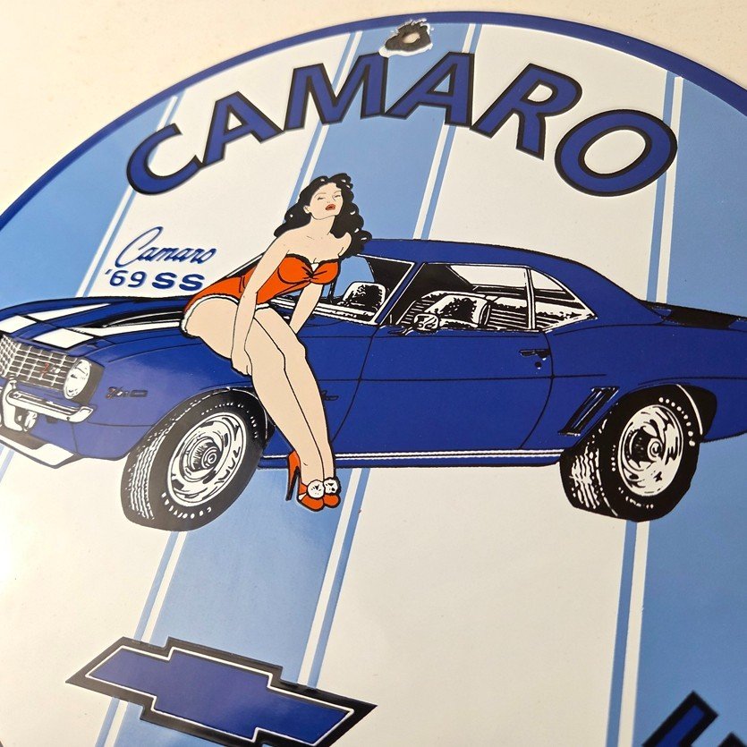 Vintage Chevrolet Sign - Porcelain Camaro 69 SS Gas Pump Auto Pinup Girl Sign - Image 12