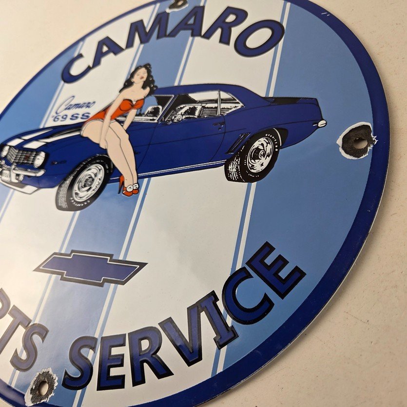 Vintage Chevrolet Sign - Porcelain Camaro 69 SS Gas Pump Auto Pinup Girl Sign - Image 13