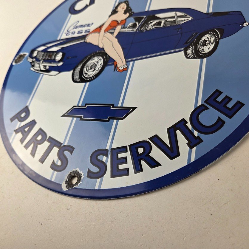 Vintage Chevrolet Sign - Porcelain Camaro 69 SS Gas Pump Auto Pinup Girl Sign - Image 14