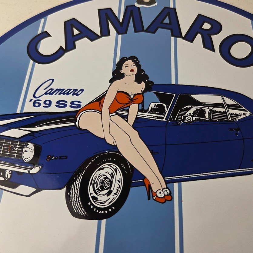 Vintage Chevrolet Sign - Porcelain Camaro 69 SS Gas Pump Auto Pinup Girl Sign - Image 3