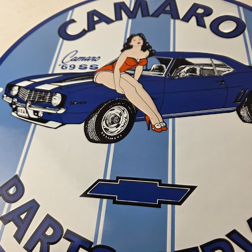 Vintage Chevrolet Sign - Porcelain Camaro 69 SS Gas Pump Auto Pinup Girl Sign - Image 4