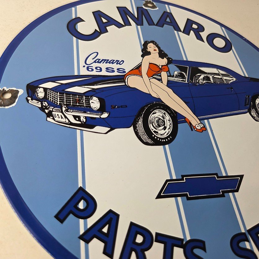Vintage Chevrolet Sign - Porcelain Camaro 69 SS Gas Pump Auto Pinup Girl Sign - Image 6